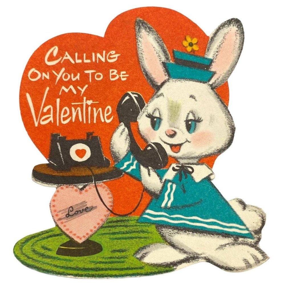Anthropomorphic Rabbit Valentine Greeting Card Telephone Diecut 4" Vintage 1940s